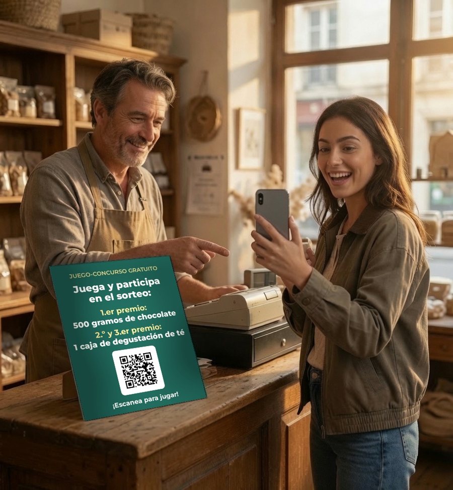 Un comerciante muestra a una clienta el cartel con código QR de su juego-concurso